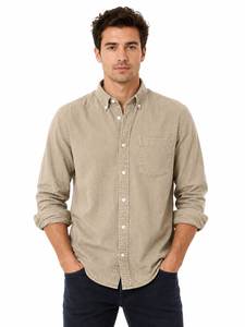 Chemise décontractée d'été en popeline de coton beige pour homme, à manches longues, col classique, poche poitrine unique, coupe droite - Product Image 1