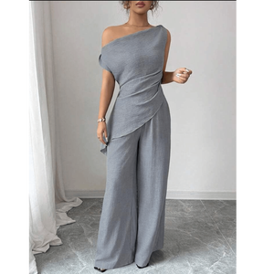 Serene <b>Slate</b> Asymmetrical Ruched Jumpsuit or Asymmetric One Shoulder Draped Co ord Set - Product Image 2