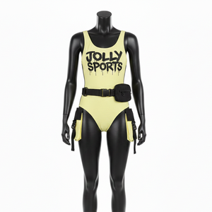 Traje de baño de una pieza premium de nailon y spandex GSM amarillo para mujer, con paneles laterales negros y logotipo personalizado serigrafiado. - Product Image 1