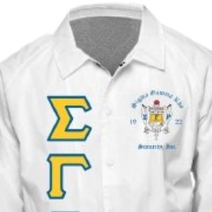White Women's Long Sleeve Button Down <b>Dress</b> Shirt with Gold and Blue Embroidered Greek Letters Sorority Formal Apparel - Product Image 6