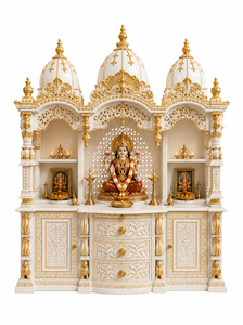 Mandir Devocional de Madera para la Oración Hindú, Templo de Lujo Blanco y Dorado, Sala de Pooja, Mandir para el Hogar, Mandir Hindú Indio Hecho a Mano en EE. UU. - Product Image 2