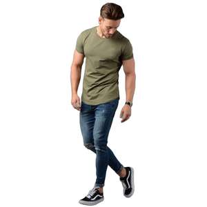 Camiseta de algodón de manga larga para hombre, corte ajustado, cuello redondo elástico, transpirable, manga corta, para gimnasio, entrenamiento, informal - Product Image 3