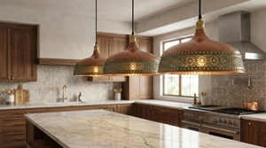Nouvelle suspension lumineuse de plafond en forme de cercle, décorations vintage en cuivre avec motif floral ajouré - Product Image 3