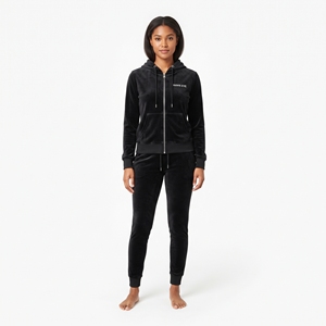Wholesale Women's Black <b>Velour</b> Hoodie Jogger Set Full Zip Front Logo Casual <b>Tracksuit</b> Autumn Wear - Product Image 1