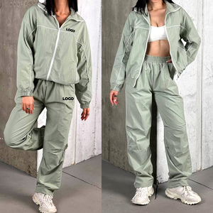 Women 2 Pieces <b>Reflective</b> Edging Jogging Suits Oversize Nylon Customized Windbreaker Jackets Pants Sets Lightweight Tracksuits - Product Image 2