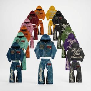 Pro Felt Custom Clothing Manufacturer Stylish <b>Red</b> Vintage Tracksuit for Unisex Custom Distressed Hoodie & Denim Pants Denim <b>Suit</b> - Product Image 1