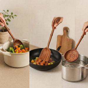 Ensemble d'ustensiles de cuisine en bois fabriqués à la main, directement de l'usine, avec cuillère à long manche, spatule et écumoire à trous pour ustensiles de cuisson antiadhésifs - Product Image 3