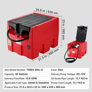 Tanque de Combustible Diésel Portátil de 48 Galones con Bomba de Transferencia Eléctrica de 12V, Caudal de 10.6 GPM, Manguera de 13.1 pies, Accesorios para Camiones - Product Image 5