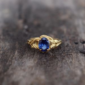 Oval Blue Sapphire Engagement Ring Nature Inspired <b>Tree</b> Ring IGI Certified Luxury 925 Sterling Silver 14K Gold Plated - Product Image 1
