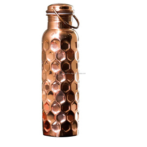 <b>Custom</b> Pure Copper <b>Water</b> <b>Bottle</b> Honeycomb Hexagon Hammered Pattern Metal Flask Ring Handle Lid Bulk - Product Image 4