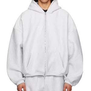 Sweat à capuche blanc pour homme à prix abordable, fabrication sur mesure, épaules tombantes, coupe ample, broderie en relief, impression, 100% coton, fermeture éclair - Product Image 5