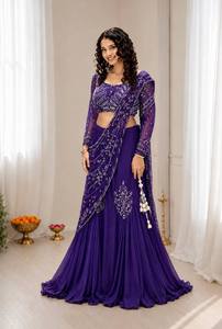 Ensemble Saree Lehenga Indien Brodé Violet avec Broderie Semi-Perles et Fil, Manches Longues, Dupatta en Tulle, pour Mariage, Diwali, Soirée, Longueur Ras du Sol - Product Image 1