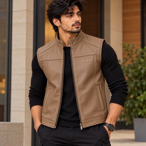 Chaleco sin mangas de cuero genuino para hombre Saleh, cuello alto, cremallera frontal, color sólido, informal, para invierno, estilo urbano, relleno de algodón - Product Image 2