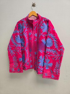 Handcrafted Women Velvet <b>Jacket</b> with Intricate Floral Embroidery and Standing Collar Vibrant Pink Hue <b>Jacket</b> - Product Image 3