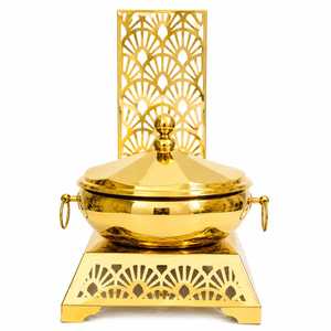 Plat de service de luxe en acier inoxydable poli doré, avec couvercle vertical, revêtement multicouche, diamètre 33 cm, compatible lave-vaisselle - Product Image 1