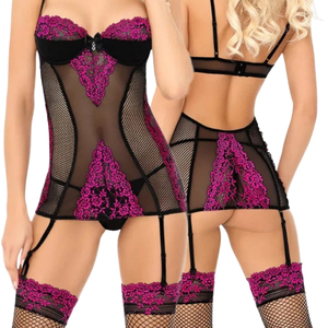 Body en résille noir pour femme avec dentelle violette, lingerie sexy transparente, corset bustier une pièce à maintien ferme - Product Image 4