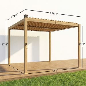 Pérgola Marrón con 10 x 10 Paneles de Celosía, Luces LED Solares, Techo Metálico y Canaletas de Drenaje, Gazebo para Patio Exterior y Refugio - Product Image 3