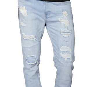 Jeans de Mezclilla Azul Claro, Corte Slim Fit, Desgastados, Cintura Media, Estilo Casual, Pierna Recta, Algodón, para Hombre, Estilo Verano - Product Image 5