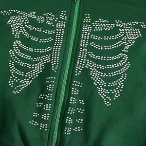 Green Hooded <b>Zip</b>-<b>Up</b> Sweatshirt Rhinestone <b>Skeleton</b> Design Unisex Oversized Casual Autumn Wear - Product Image 3