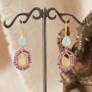 Pendientes Colgantes Hechos a Mano de Plata de Ley 925 con Oro Vermeil de 18K para Mujer, con Piedras Preciosas de Amatista, Aguamarina y Calcedonia, Piedra de Nacimiento de Febrero, para Fiesta - Product Image 4