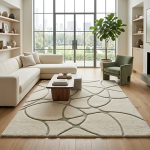 Tapis en laine fait main tufté ivoire sauge, motif abstrait pierre, tapis de luxe moderne sur mesure, décoration intérieure bio, fourni directement par l'usine - Product Image 2