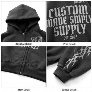 Sudadera con capucha y cremallera personalizada para hombre, estilo oversize, streetwear, de algodón negro, felpa francesa, con estampado frontal, para otoño, vintage, lavada. - Product Image 3