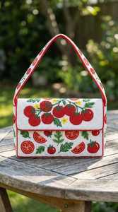 Red Tomato Beaded Handbag - White, Green, and Yellow Fruit Pattern Purse - Whimsical Cottagecore Vegetable Shoulder Bag - Handcr - Product Image 3