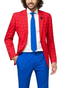 High Quality Mens <b>Red</b> Spiider-Man Print Blazer <b>Suit</b> With Blue Pants And Tie British Style Formal Wear - Product Image 1