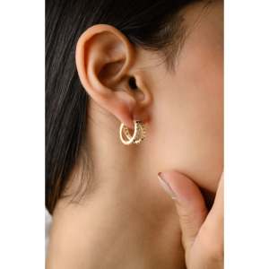 14K Rose Gold Multi Sapphire Huggie Hoop Earrings with Geometric Cuff Style - Product Image 5