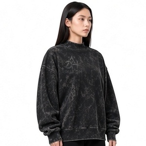 Top Trending Acid Washed Oversized Customizable <b>Fleece</b>/Cotton Sweatshirt <b>Black</b> Color Premium Mock Neck Drop Shoulder Pullover - Product Image 4