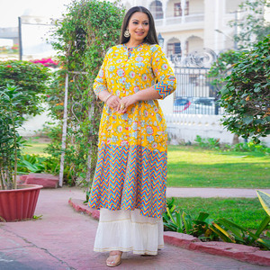 Kurti de Rayón con Estampado Floral, Talla Grande, Color Amarillo, Estilo Étnico, Ropa Femenina, Cómoda, Informal, de Verano, de Secado Rápido - Product Image 3