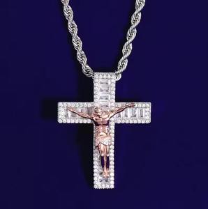 Rose Gold Plated 18K Solid Gold <b>Cross</b> <b>Pendant</b> With Baguette Cut Diamond Inlay Religious Christian Charm Unisex - Product Image 4