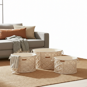 Round Set of 3 Macramé Boho Laundry <b>Baskets</b> with Handles Handmade Cotton Rope <b>Storage</b> <b>Basket</b> <b>for</b> Home Décor & Organizer - Product Image 1