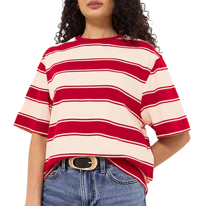 Camiseta de Cuello Redondo de Punto, Informal, Transpirable, a Rayas Rojas, para Verano - Product Image 1