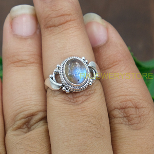 Bague en argent sterling 925 avec labradorite bleue naturelle, faite à la main, style bohème vintage, cabochon rond, pierre précieuse, pour femme - Product Image 5