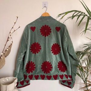 Veste matelassée en velours pour femme avec appliques florales, col mandarin, manches longues, doublure en coton, pour l'hiver et l'automne - Product Image 2