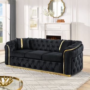 Set Divano Chesterfield di Lusso 90,6 Pollici in Velluto con Bottoni Trapuntati, Divano a 3 Posti con 2 Accessori in Acciaio Inox Dorato Cuscini per Soggiorno - Product Image 1