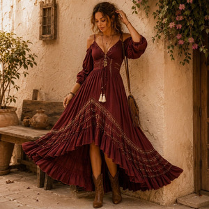 <b>Boho</b> Off Shoulder Maxi <b>Dress</b> Women Viscose Woven Breathable Anti-pilling <b>Summer</b> Beach <b>Dress</b> - Product Image 2
