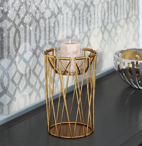 Porte-bougie en fil métallique doré - Support de bougie cylindrique avec insert en verre pour centre de table, décoration intérieure - Product Image 1