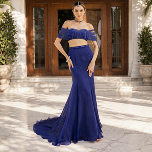 Royal Blue Shoulder Corset Gown Straight Silhouette | Backless Designer <b>Sequin</b> Embroidered Crop <b>Top</b> Organza Fishtail Skirt - Product Image 1