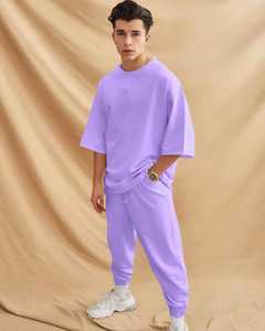 Conjunto Deportivo Informal para Hombre, Gris, de Algodón, Manga Tres Cuartos, Cuello Redondo, Corte Holgado, Color Sólido, Cintura Elástica - Product Image 3