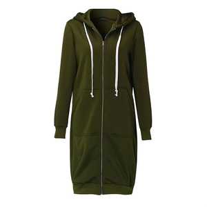 Robe longue à capuche pour femme, couleur unie, manches longues, fermeture éclair, décontractée, pour l'automne, noire, 100% coton tricoté - Product Image 3