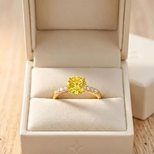 Magnifique bague de fiançailles demi-éternité classique en diamant de laboratoire rond jaune massif certifié IGI, couleur DEF, clarté VS-VVS, 10K, 14K, 18K - Product Image 1
