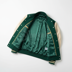 Plus Size Men's Varsity Jacket Green Cream Appliques 23 Preppy Style Winter Waterproof Sheep <b>Fur</b> - Product Image 6