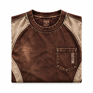 Camiseta Oversize de Algodón Marrón con Bolsillo y Panel en Contraste, Lavado Ácido, Estilo Streetwear Unisex, Venta al por Mayor Personalizada, Ropa de Marca Privada - Product Image 6