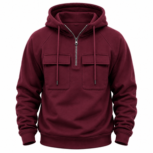 Sudadera con capucha y cremallera de un cuarto para hombre, con estampado, bolsillos en el pecho, manga raglán, forro polar, estilo casual, color liso, para invierno - Product Image 6
