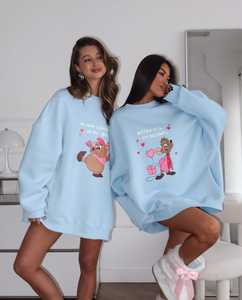 เสื้อสเวตเชิ้ตคอกลมสีฟ้าอ่อนขนาดใหญ่สำหรับผู้หญิงพร้อมกราฟิกการ์ตูนหนูน่ารัก เสื้อสวมหัวลำลองแขนยาว - Product Image 1