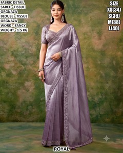 Royal Beige <b>Tissue</b> Organza Saree With Fancy Work Blouse For Women <b>Wedding</b> Wear Regular Fit Floor Length Size XS To L - Product Image 4