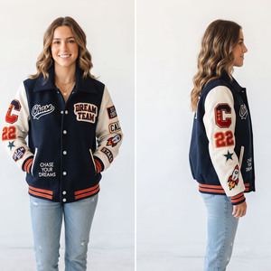 Veste universitaire pour femme avec patch brodé, manches en cuir, col rabattu, boutonnée, style streetwear, veste universitaire d'hiver - Product Image 5