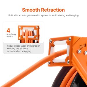 Enrouleur de tuyau d'air rétractable avec rembobinage automatique, 5 pieds, pour tuyau d'air en caoutchouc de 3/8 po x 100 pi, pression max. 300 PSI, conforme CEI, pour compresseur d'air - Product Image 1
